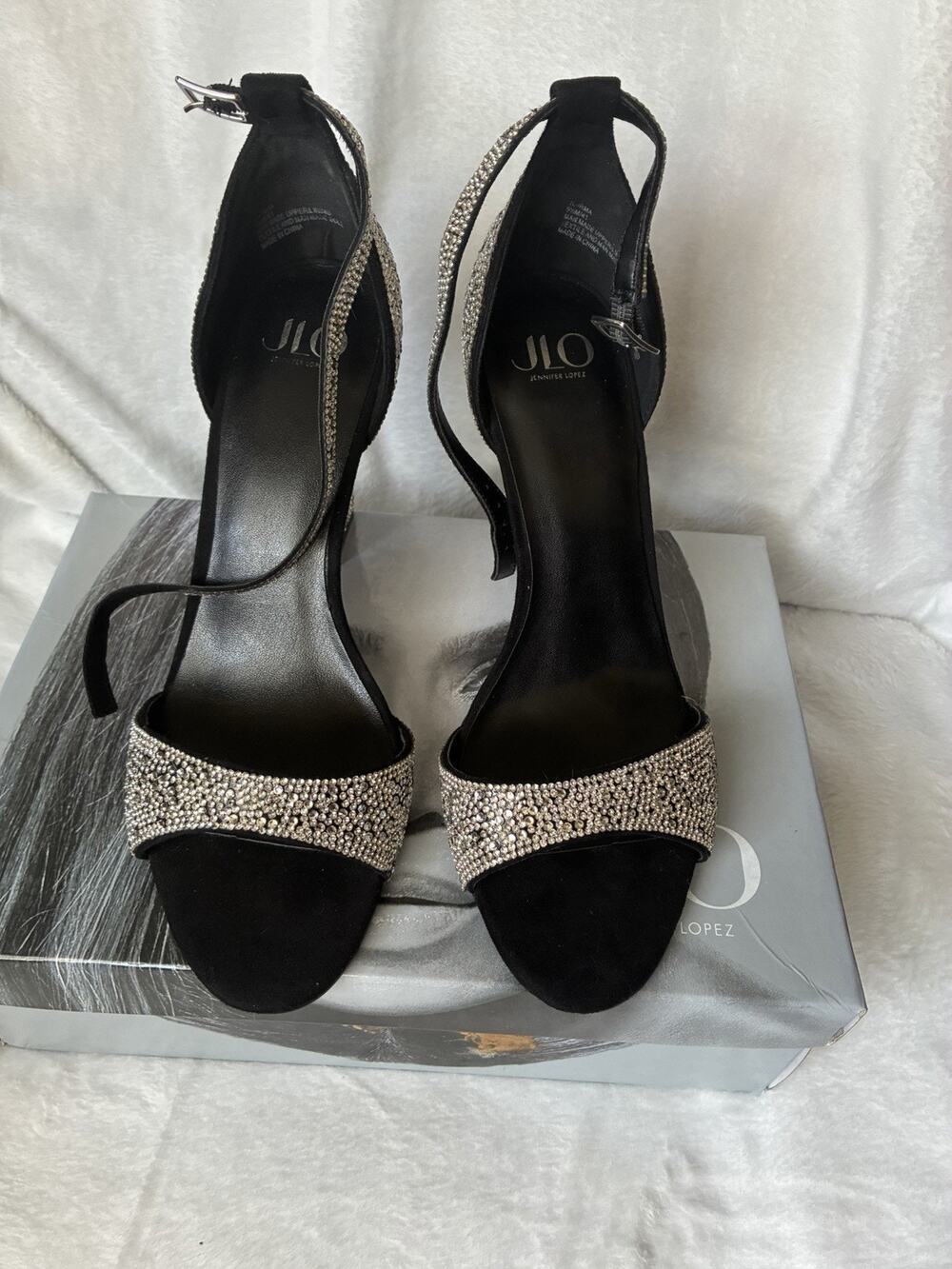 JLO Jennifer Lopez Black Silver Rhinestone Strappy Block Heel Open Toe Heels 9.5